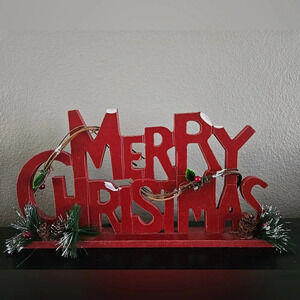 Merry Christmas tabletop decor red sign with frosted pine and details